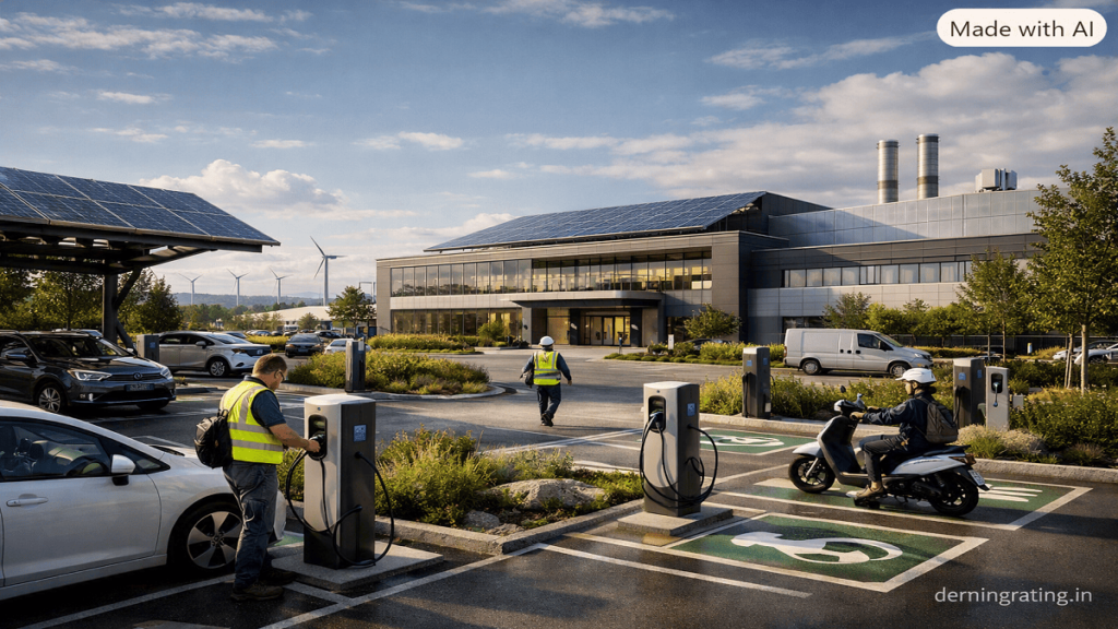 Sustainable manufacturing facility with electric cars and two-wheelers using EV charging stations in a dedicated parking area.