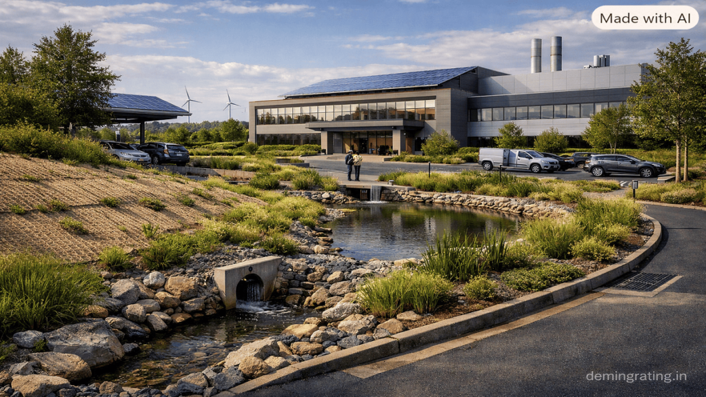 GGBC Sustainable industrial facility with vegetation, stabilized slopes, and stormwater drainage for soil erosion control.