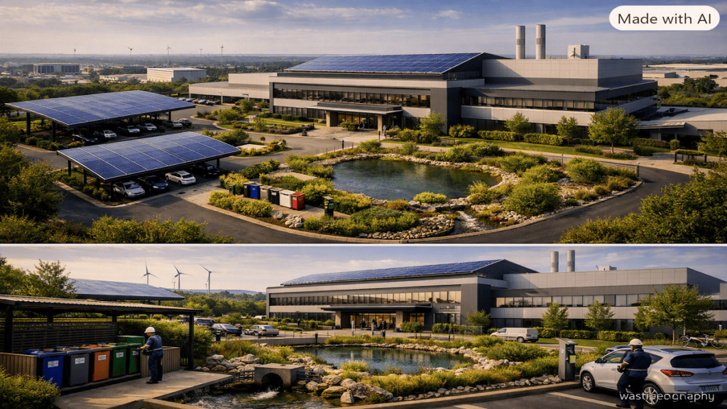 GGBC . Sustainable industrial campus with solar energy, green spaces, rainwater management, and efficient waste facilities.