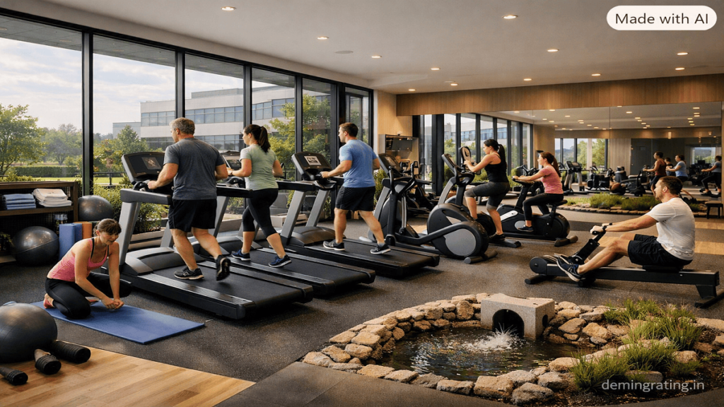 Corporate wellness gymnasium with employees using cardio equipment and participating in fitness activities.