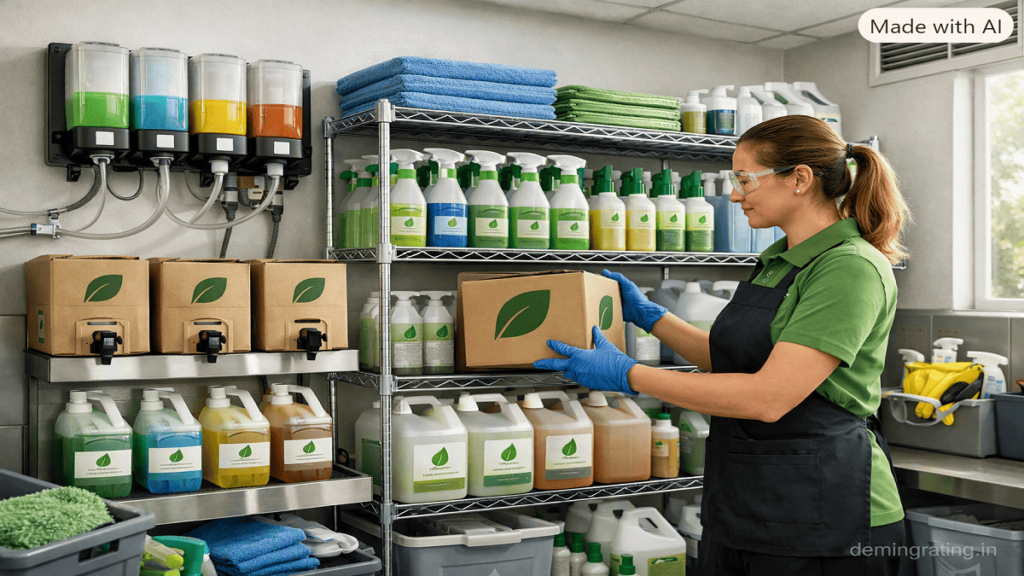Professional cleaner organizing eco-friendly housekeeping chemicals and reusable cleaning supplies in a commercial facility.