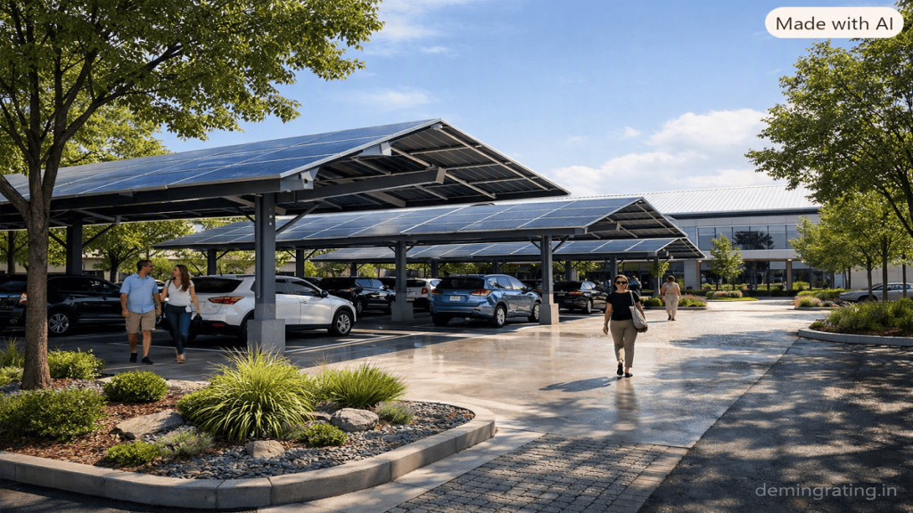 Heat Island. Sustainable parking area with solar canopies, shade trees, reflective pavement, and landscaped islands for heat reduction.