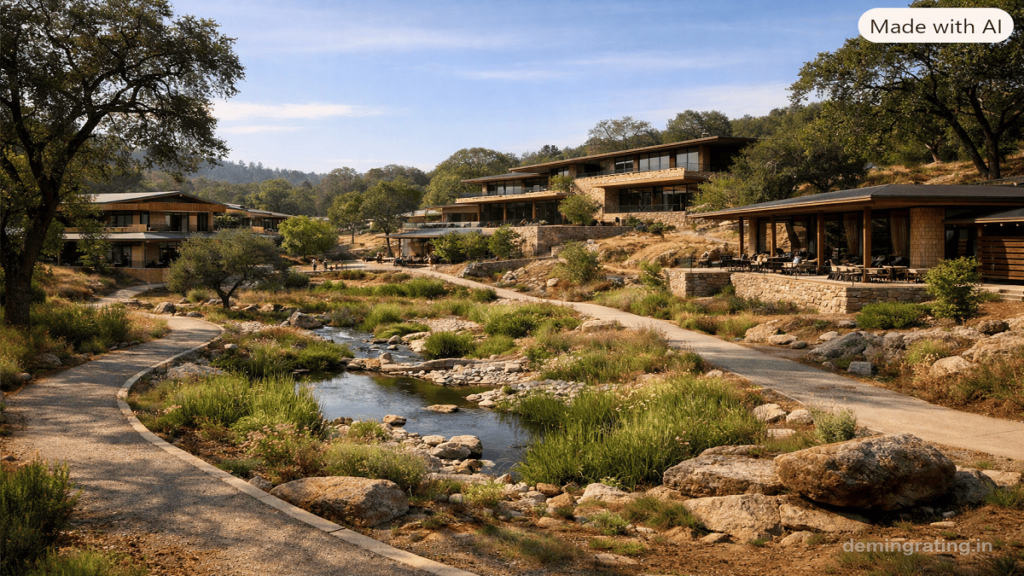 Natural Topography .Sustainable institutional campus following natural slopes with native vegetation, mature trees, pedestrian pathways, and water-sensitive landscape features.
