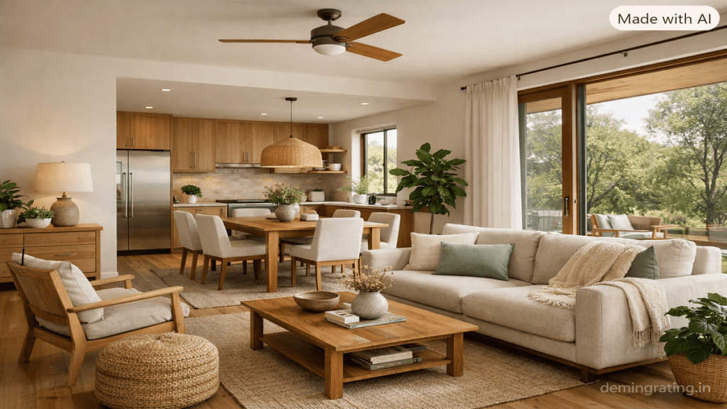 Low VOC Materials. Modern sustainable home interior using low-emission finishes, natural wood, low-emitting flooring, and indoor plants.