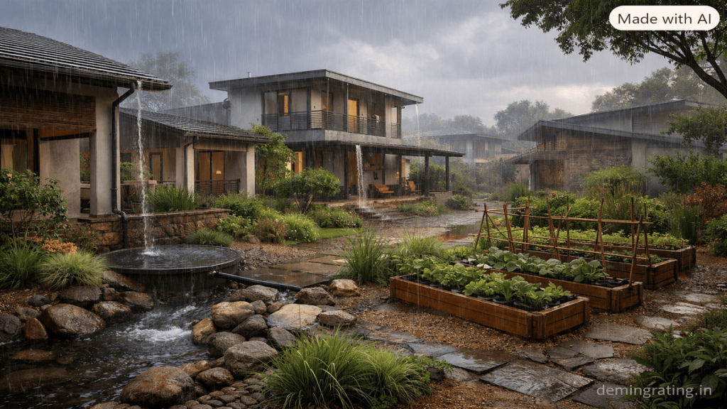 Sustainable residential development using rooftop rainwater harvesting, water-efficient landscaping, and natural drainage features.