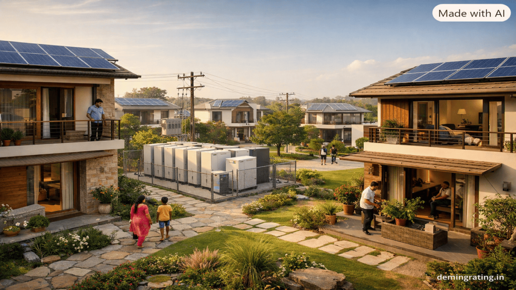 Sustainable residential community with rooftop solar panels and shared battery storage for distributed renewable energy.