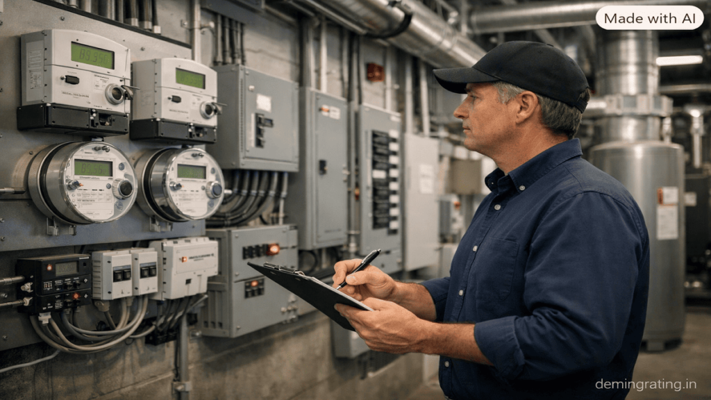 Facility manager monitoring smart energy meters and electrical equipment in a modern commercial building.