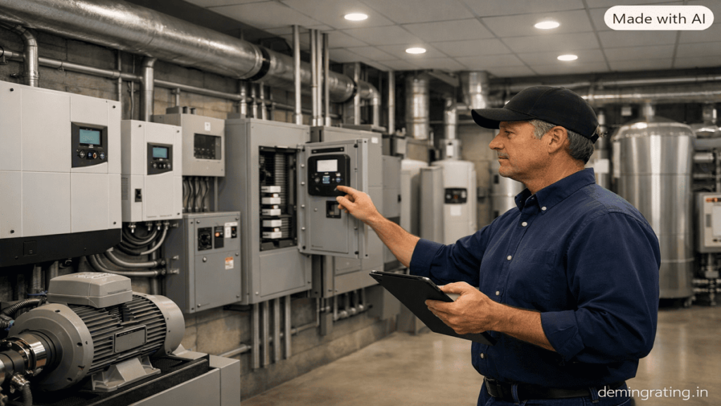 Saving . Facility manager inspecting energy-efficient electrical and HVAC equipment in a commercial building.