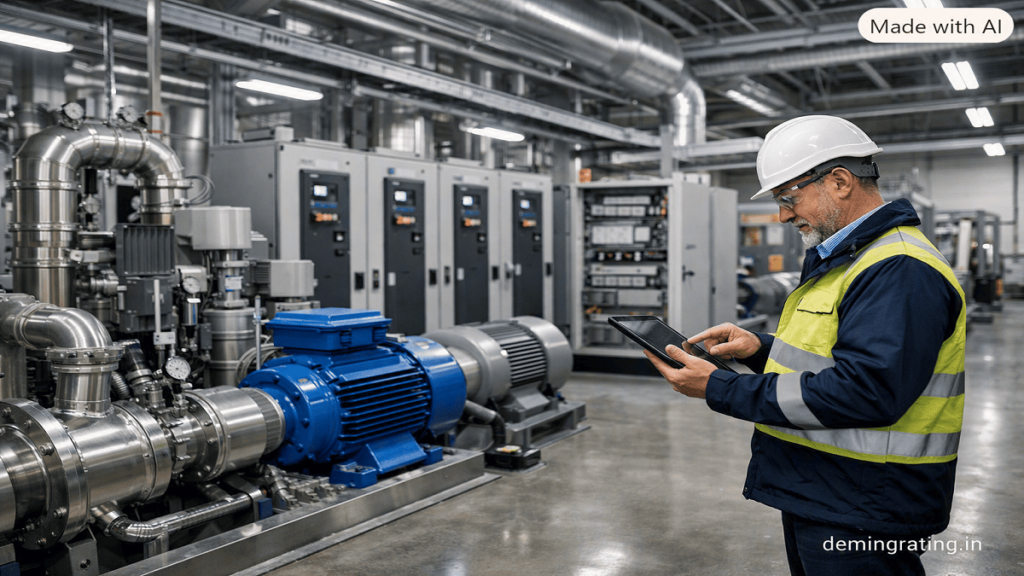 Enhanced Energy Performance. Industrial energy manager inspecting efficient motors, pumps, and automated equipment in a modern facility.
