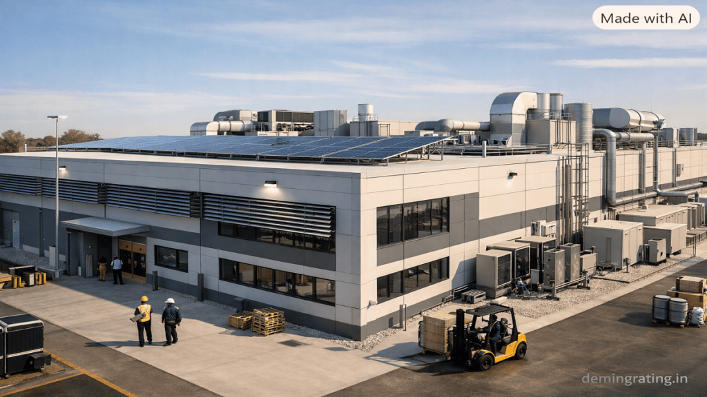 Minimum Energy Performance Modern energy-efficient industrial facility with solar panels, efficient HVAC systems, insulated building envelope, and sustainable infrastructure.