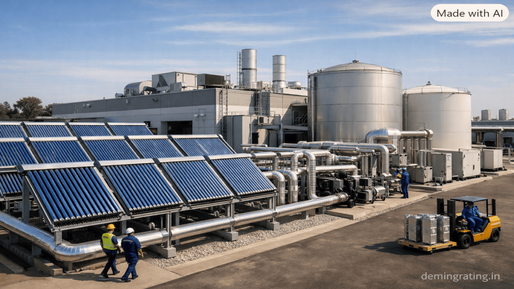 Solar Water Heating System. Industrial facility using rooftop solar thermal collectors for hot-water and process-heat applications.