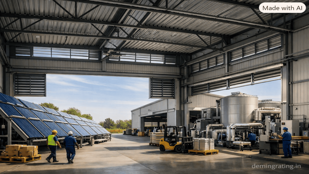 Modern industrial facility using large openings and high-level vents for natural cross ventilation.