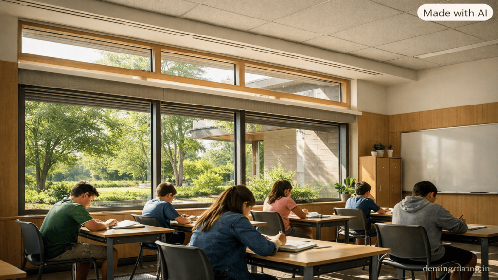 Naturally daylit sustainable classroom with large windows, clerestory glazing, light shelves, and exterior shading.