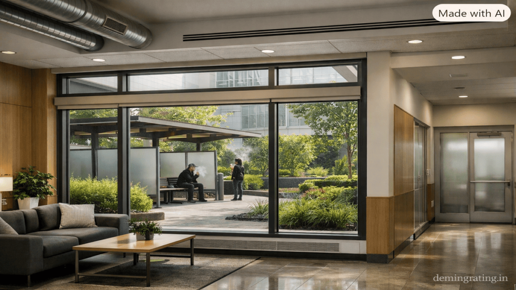 Tobacco Smoke Control Sustainable commercial building with separated smoking area, ventilation systems, and healthy smoke-free indoor spaces.