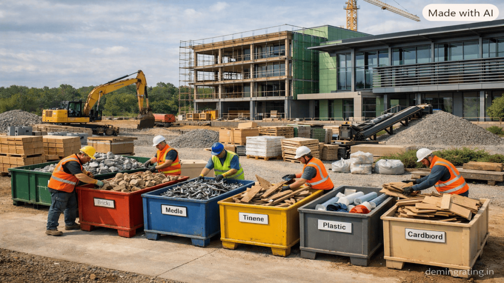 Waste Management Construction workers sorting recyclable materials including concrete, bricks, steel, timber, plastics, and cardboard at a material recovery area.