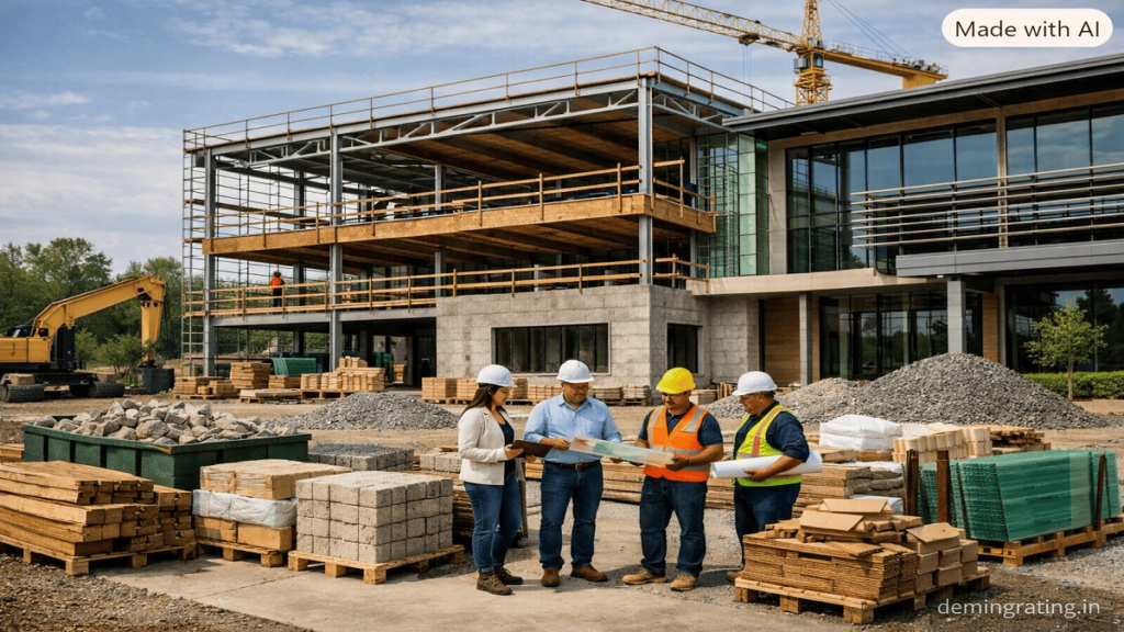 Modern construction site using recycled steel, recycled aggregate concrete, reclaimed timber, recycled glass, and other sustainable materials.