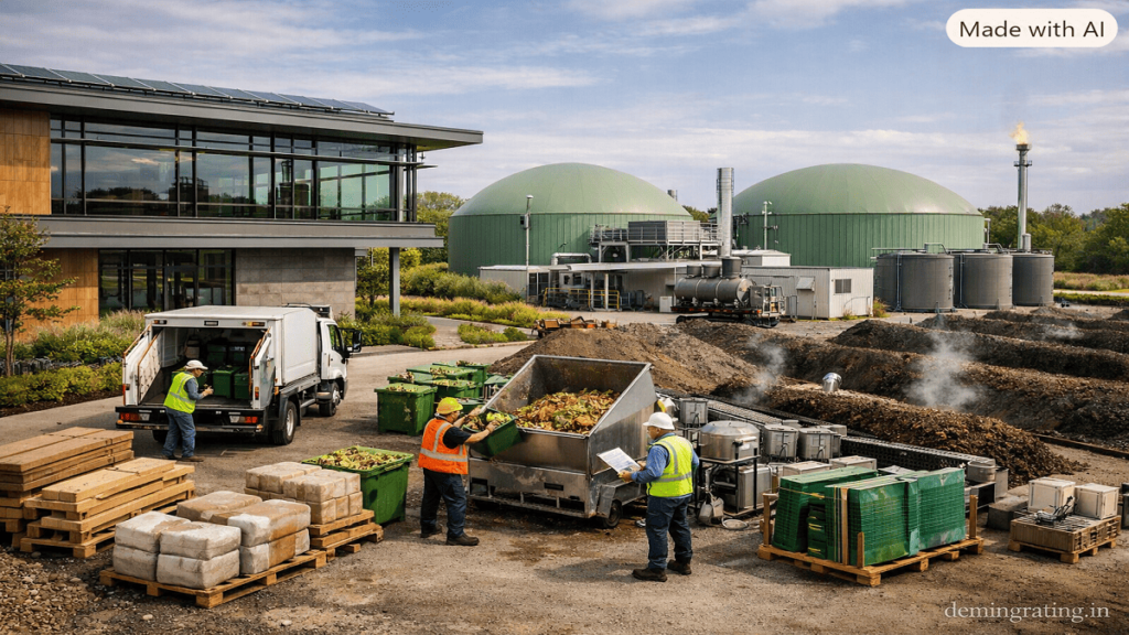 Waste Management Modern building connected to a facility processing organic waste through composting and anaerobic digestion.