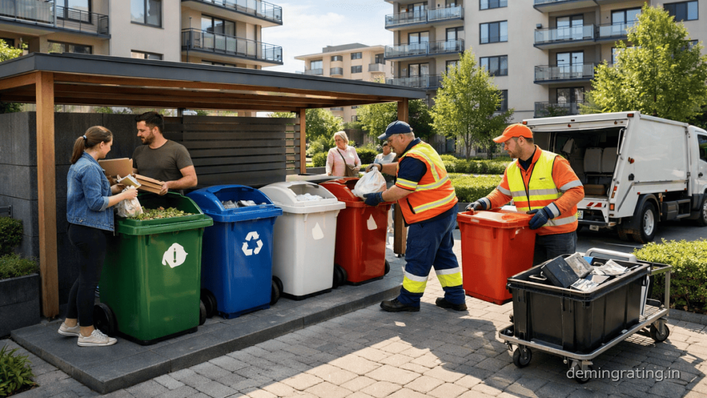Residents and waste workers managing separate household waste streams at a residential community collection station.
