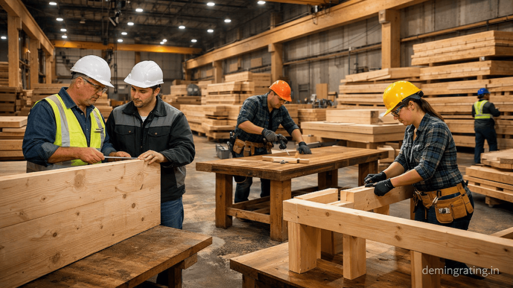 Industrial facility using engineered timber, CLT panels, plywood, reclaimed wood, and other sustainable wood-based materials.