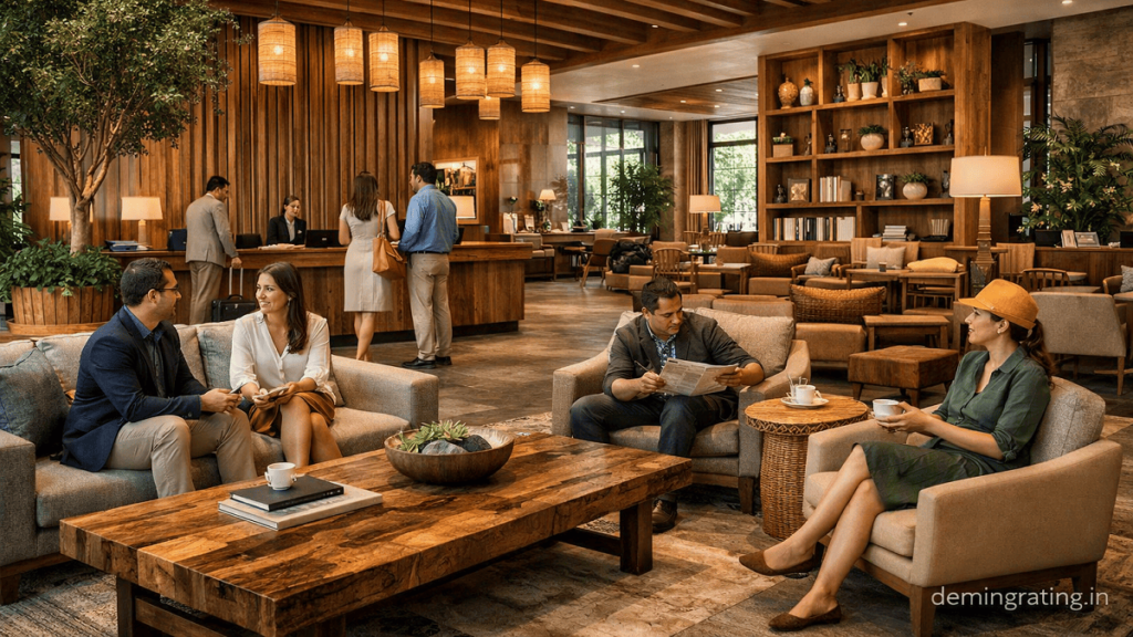 Luxury hotel lobby furnished with eco-certified wooden and recycled-material furniture.
