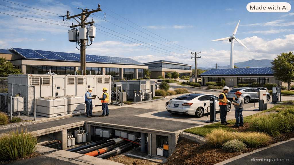 Commercial and industrial campus powered by solar panels, wind energy, battery storage, and an integrated renewable energy microgrid.