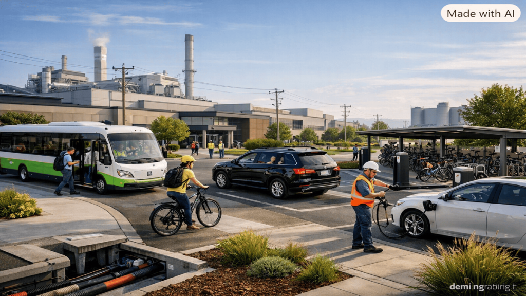 Commuting Practices Industrial facility with employees using electric shuttles, bicycles, carpooling, and EV charging facilities.