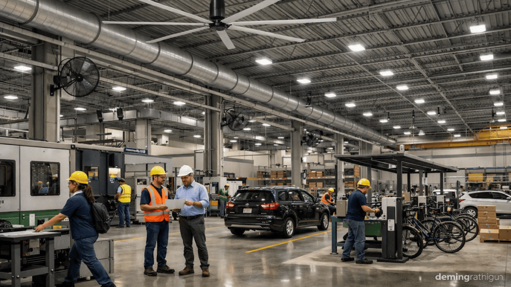 Industrial facility using energy-efficient BLDC and HVLS fans for ventilation and worker comfort.