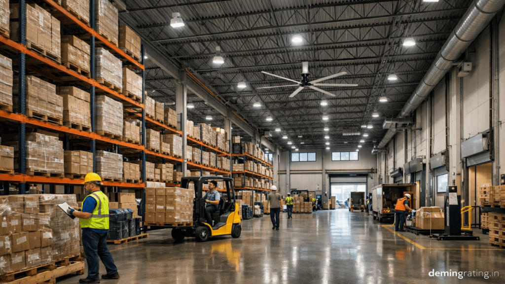 Modern warehouse using energy-efficient LED high-bay lighting for bright and uniform illumination.