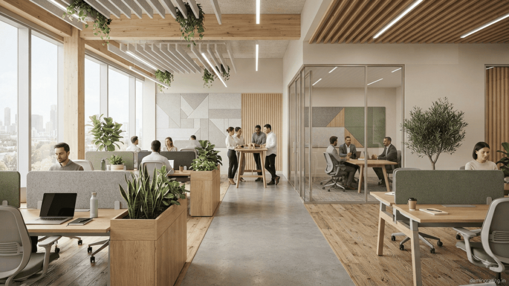Modern sustainable office interior featuring low-emission finishes, natural materials, indoor plants, and abundant daylight.