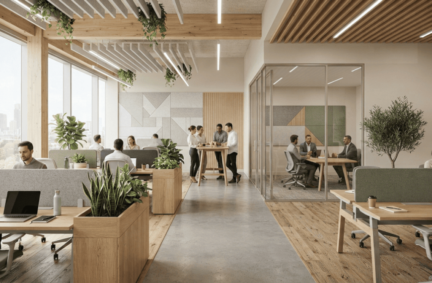 Modern sustainable office interior featuring low-emission finishes, natural materials, indoor plants, and abundant daylight.