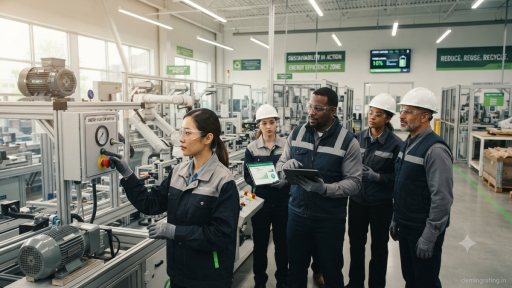 Employees participating in energy-efficiency practices on a modern manufacturing production floor.