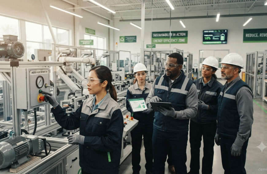 Employees participating in energy-efficiency practices on a modern manufacturing production floor.