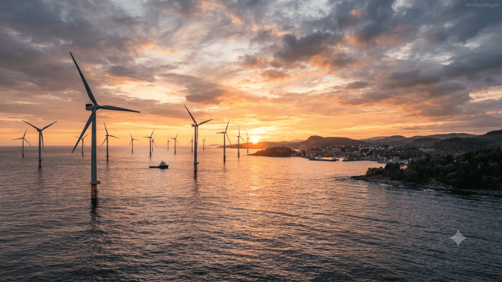 Greenhouse Gas Offshore wind turbines generating renewable electricity at sunrise with a sustainable coastal city and green forest in the background.