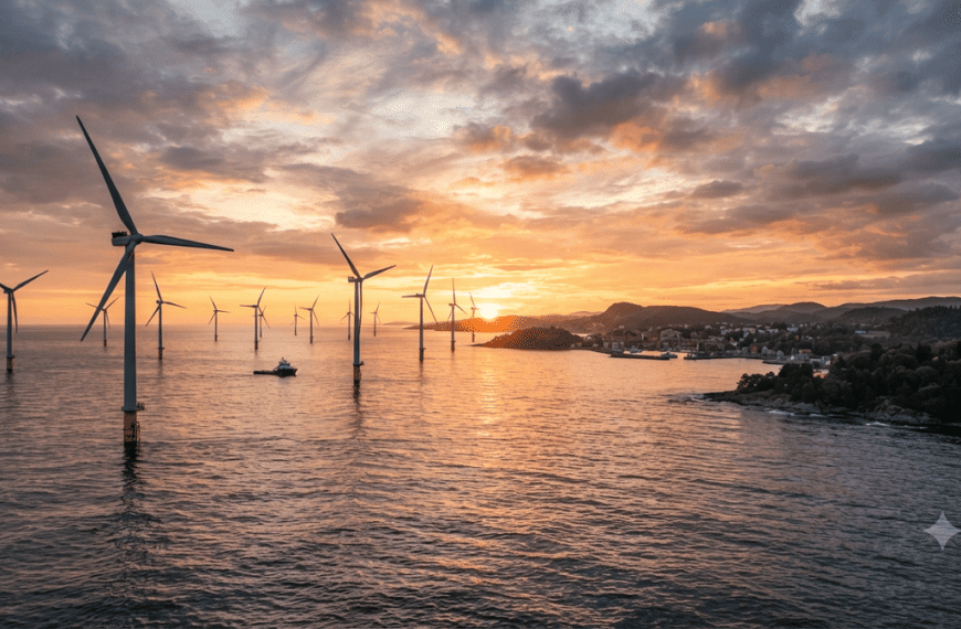 Greenhouse Gas Offshore wind turbines generating renewable electricity at sunrise with a sustainable coastal city and green forest in the background.