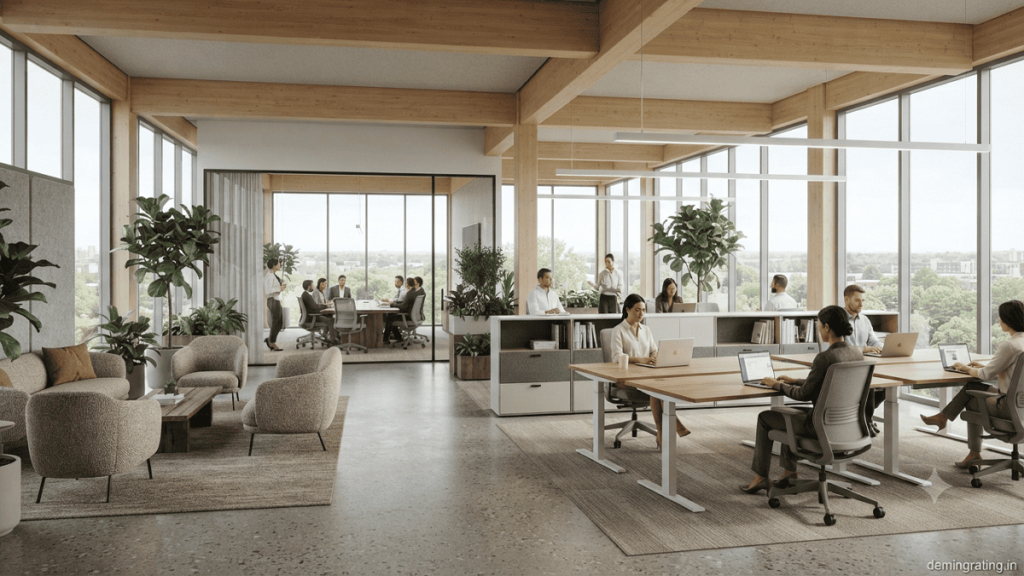 Eco-certified Interior Furniture. Modern office featuring eco-certified furniture made from responsibly sourced wood and recycled materials.
