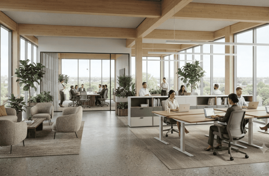 Eco-certified Interior Furniture. Modern office featuring eco-certified furniture made from responsibly sourced wood and recycled materials.