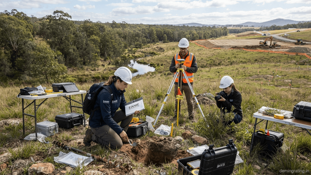 Environmental consultants conducting field assessment at a proposed industrial project site