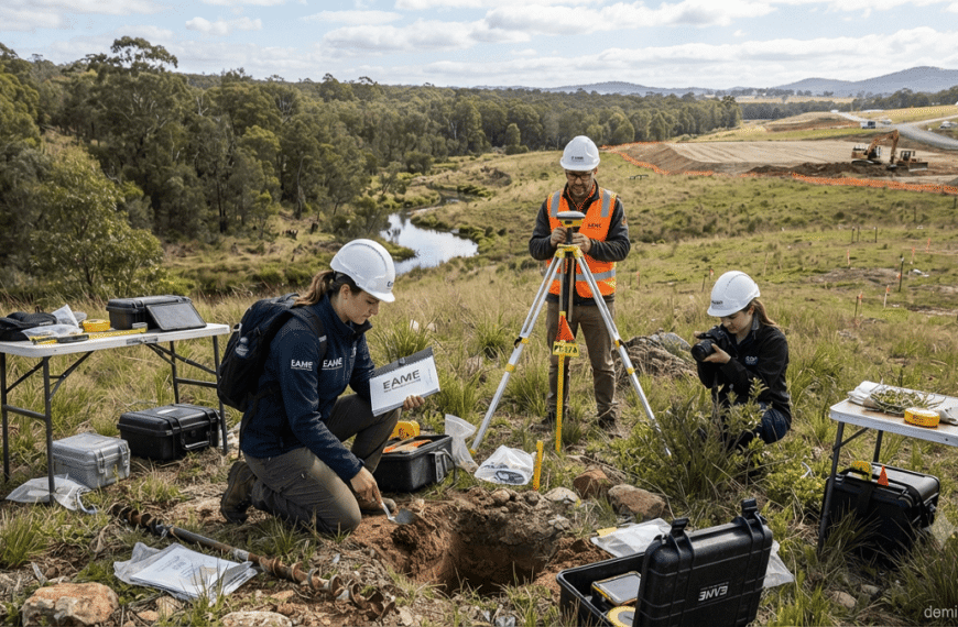 Environmental consultants conducting field assessment at a proposed industrial project site