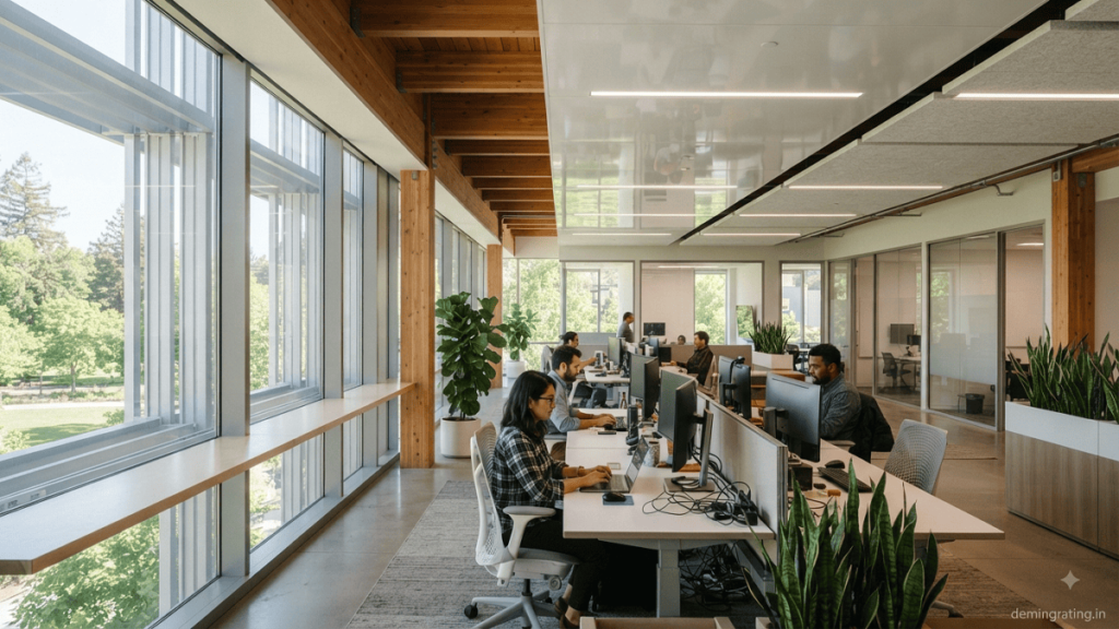 Minimum Daylighting Modern sustainable office interior using large windows, light shelves, and shading devices to provide balanced natural daylight.