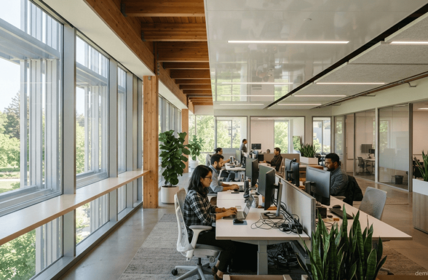 Minimum Daylighting Modern sustainable office interior using large windows, light shelves, and shading devices to provide balanced natural daylight.