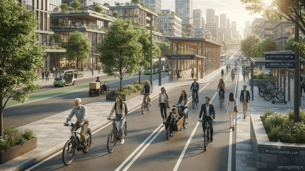 People cycling safely on a connected protected bike network in a modern sustainable city.