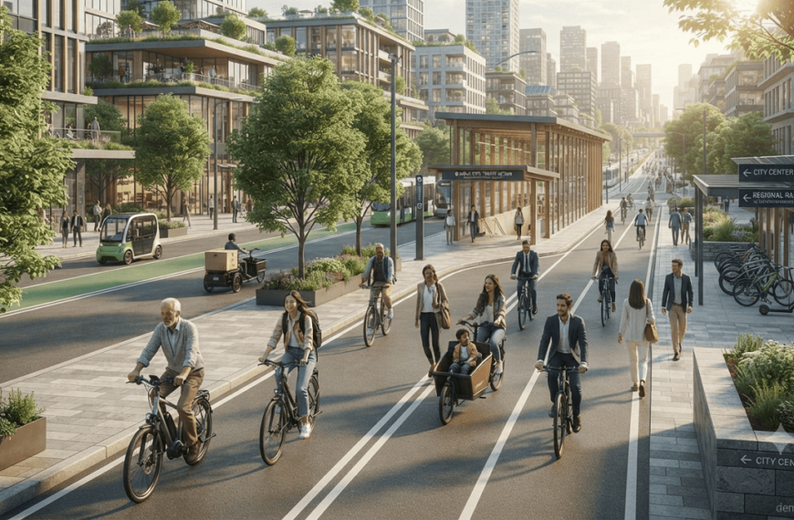 People cycling safely on a connected protected bike network in a modern sustainable city.