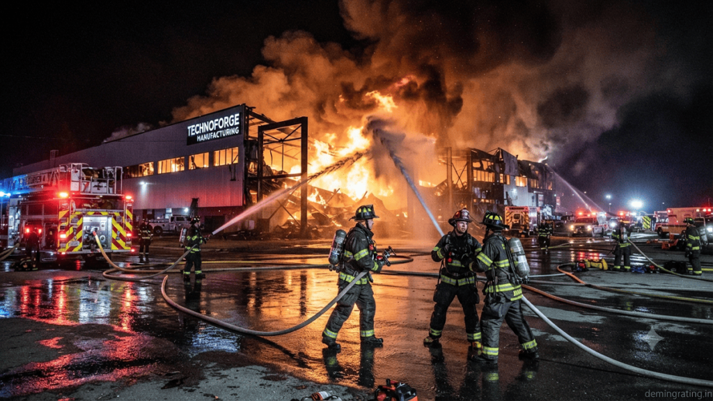 Professional firefighters using water hoses to control an industrial building fire at night