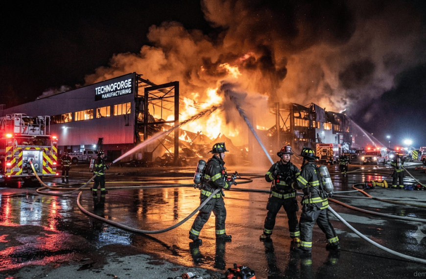 Professional firefighters using water hoses to control an industrial building fire at night