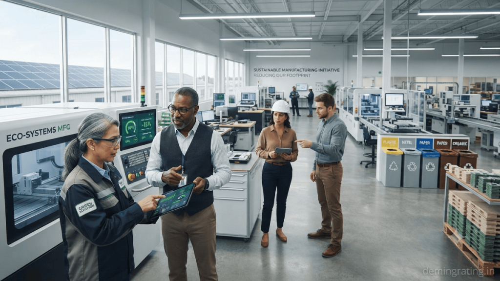 Employees implementing sustainability practices in an energy-efficient manufacturing facility