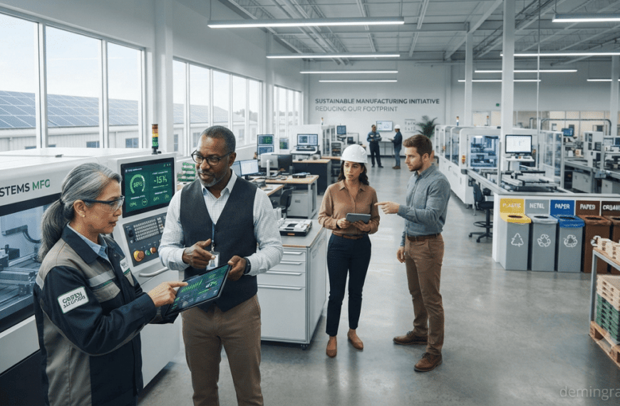 Employees implementing sustainability practices in an energy-efficient manufacturing facility