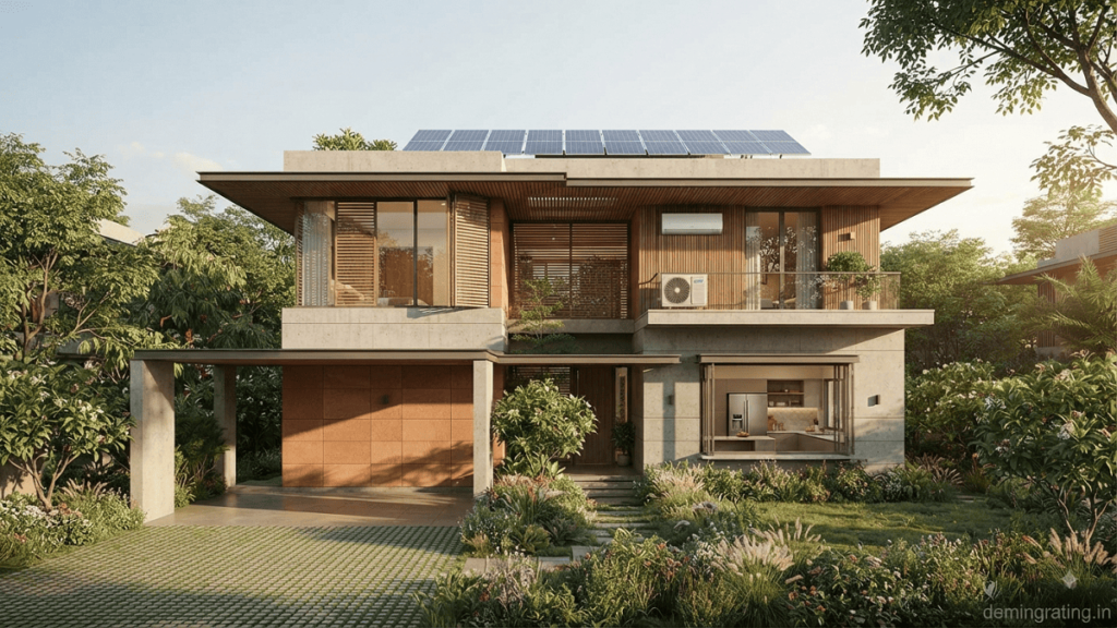 CFC-free Equipment Modern green home featuring CFC-free air-conditioning, efficient refrigeration, rooftop solar panels, and sustainable landscaping.