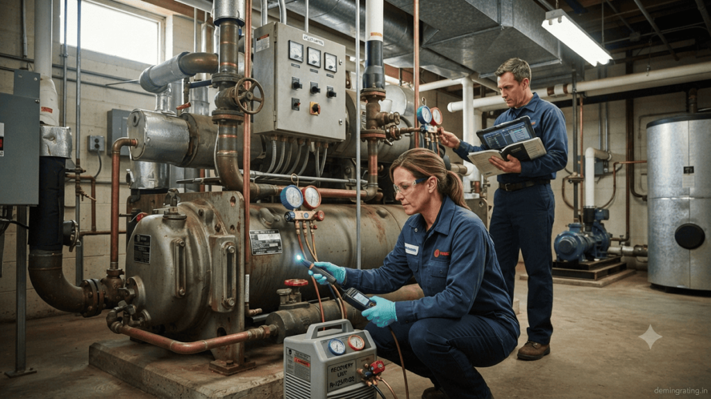 Technicians inspecting refrigeration equipment and recovering ozone-depleting refrigerants.