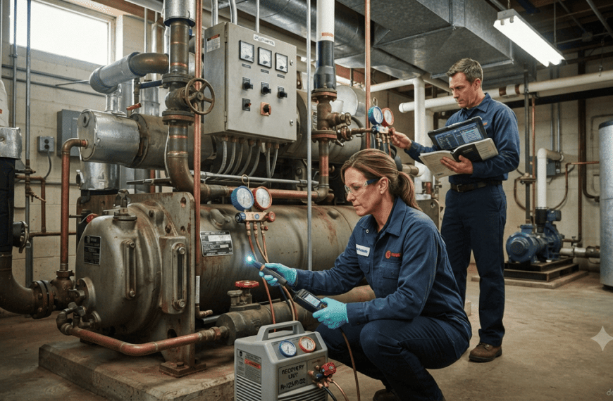 Technicians inspecting refrigeration equipment and recovering ozone-depleting refrigerants.
