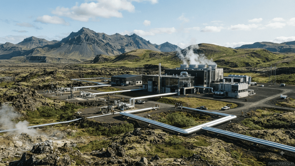 Modern geothermal power plant generating renewable energy in a volcanic landscape